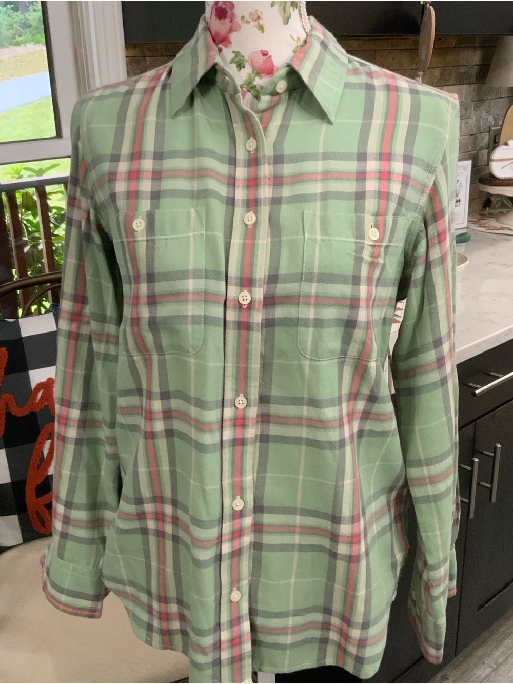 Lauren Ralph Lauren Women’s M Flannel Shirt Green Plaid Roll Tab Long Sleeve New